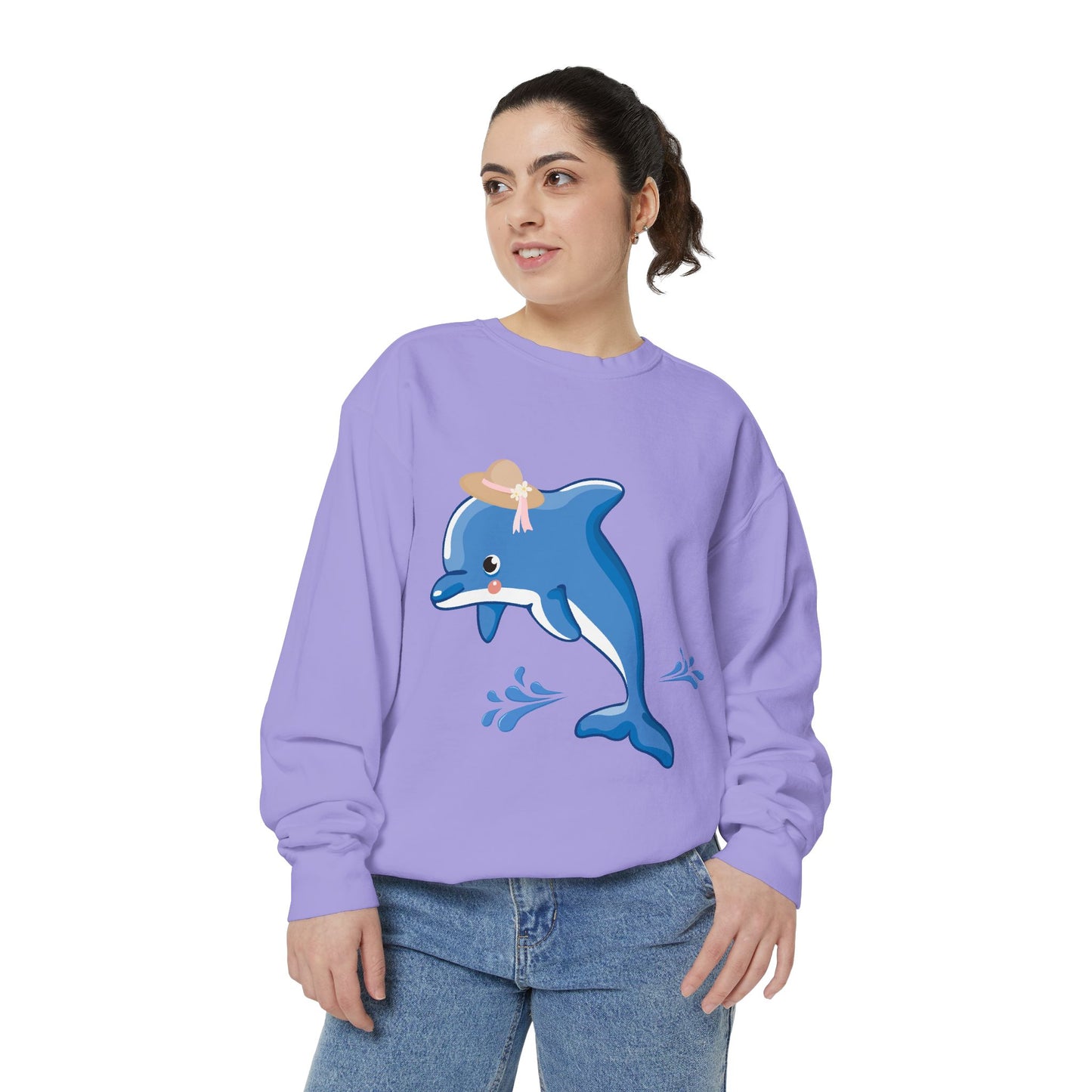 Dolphin wearing a straw hat with stylized water splashes Unisex Garment-Dyed Sweatshirt