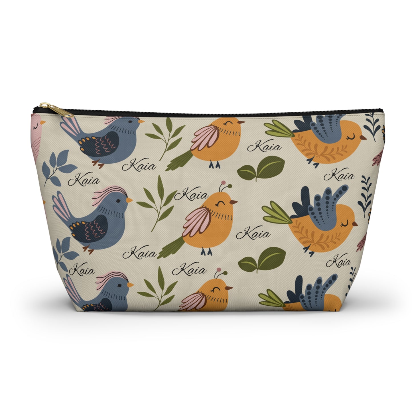 Bird Pattern Accessory Pouch — Personalized "Kaia" Cosmetic Bag
