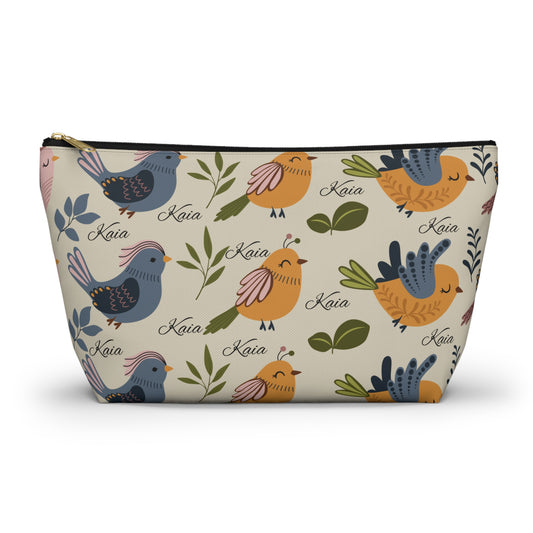 Bird Pattern Accessory Pouch — Personalized "Kaia" Cosmetic Bag