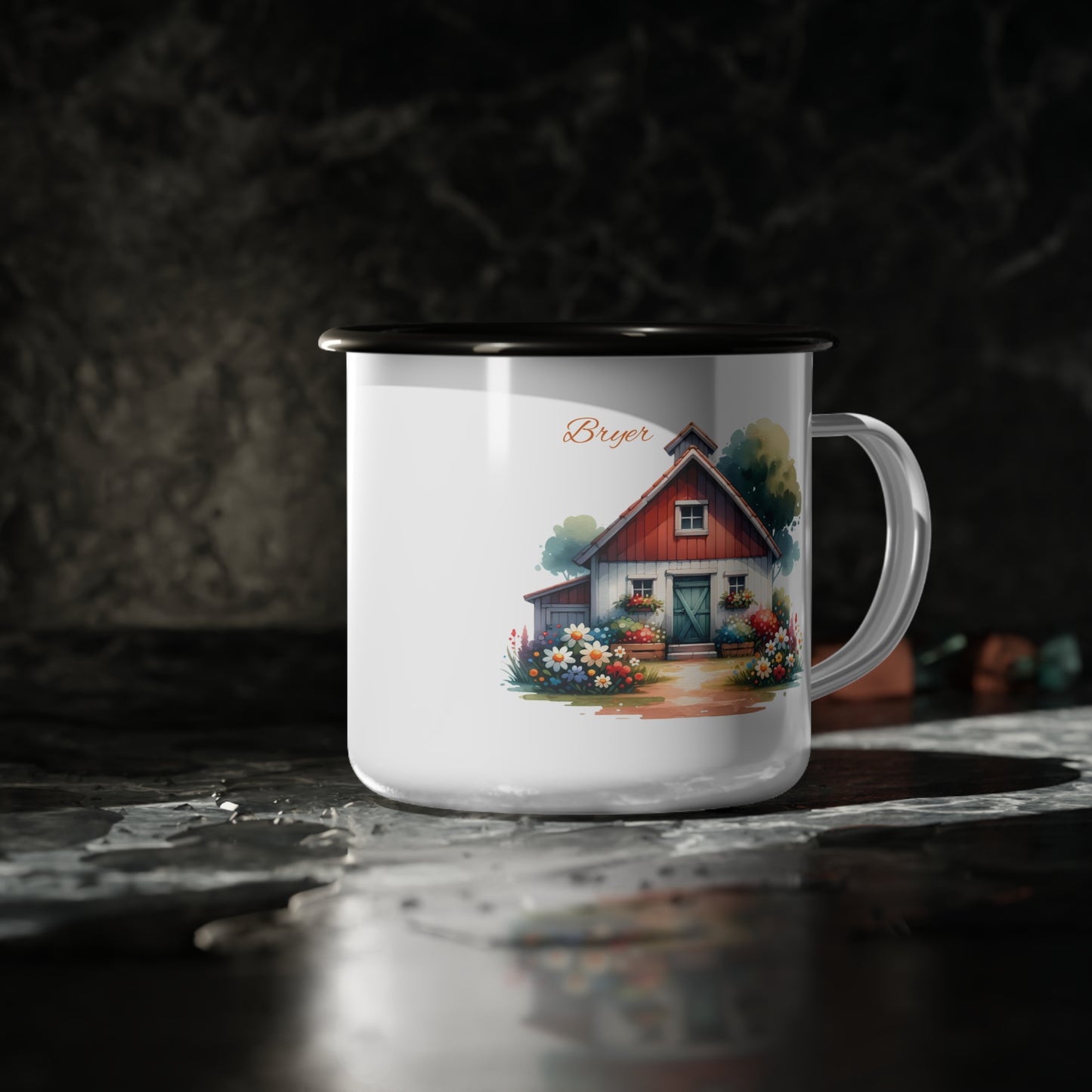 Rustic Cottage Enamel Camp Cup – Personalized "Bryar" Floral Cabin Mug
