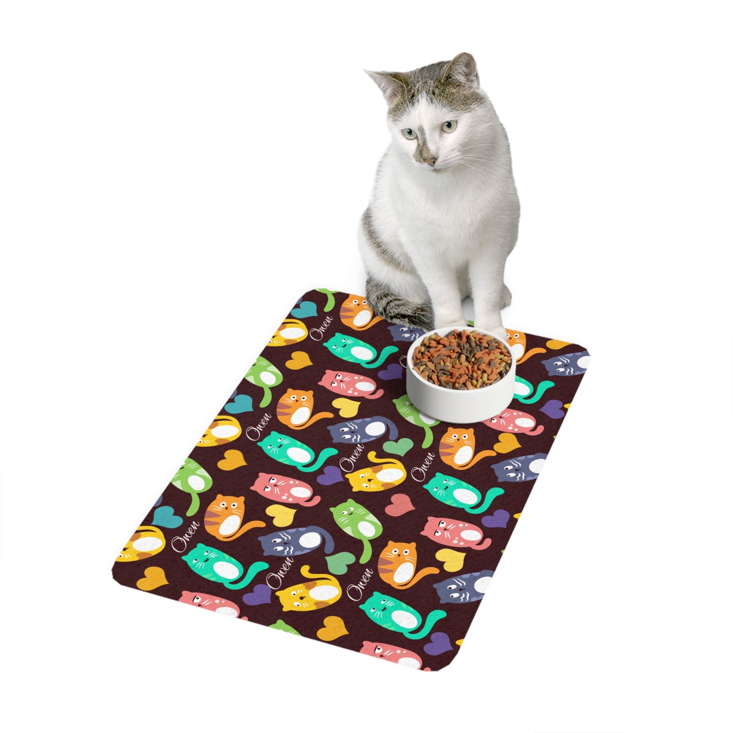 Colorful Cat Pattern Pet Food Mat (12x18) — Non-Slip Waterproof Placemat for Cats & Small Dogs