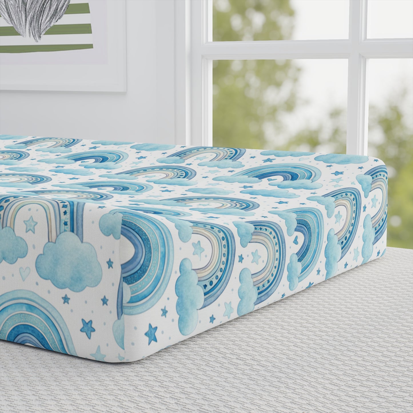 Blue Watercolor Rainbows Baby Changing Pad Cover — Personalized Name Option