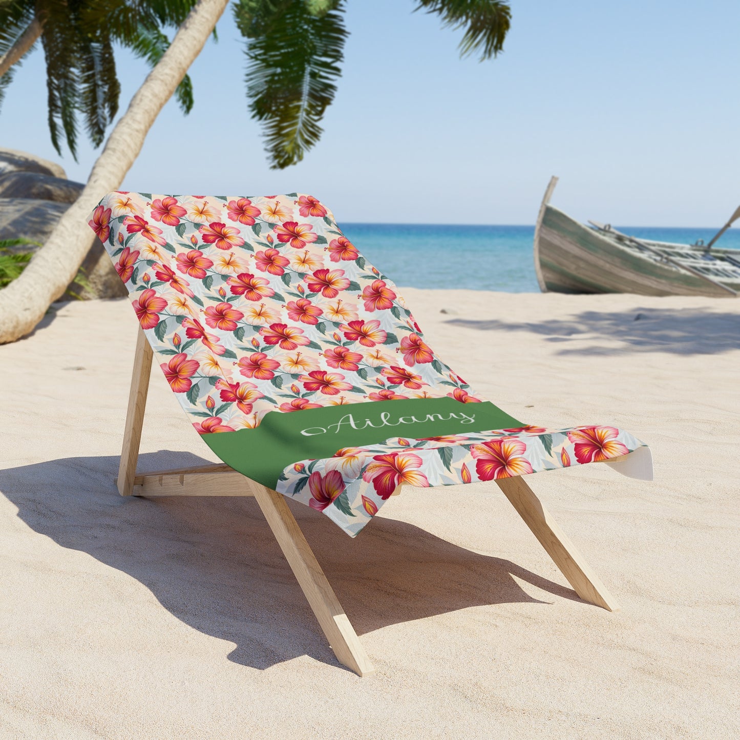 Personalized Floral Beach Towel — Tropical Hibiscus Print with Name Strip