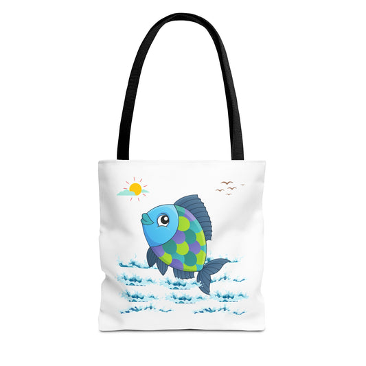 Fish with a sun and birds in the sky above water Tote Bag