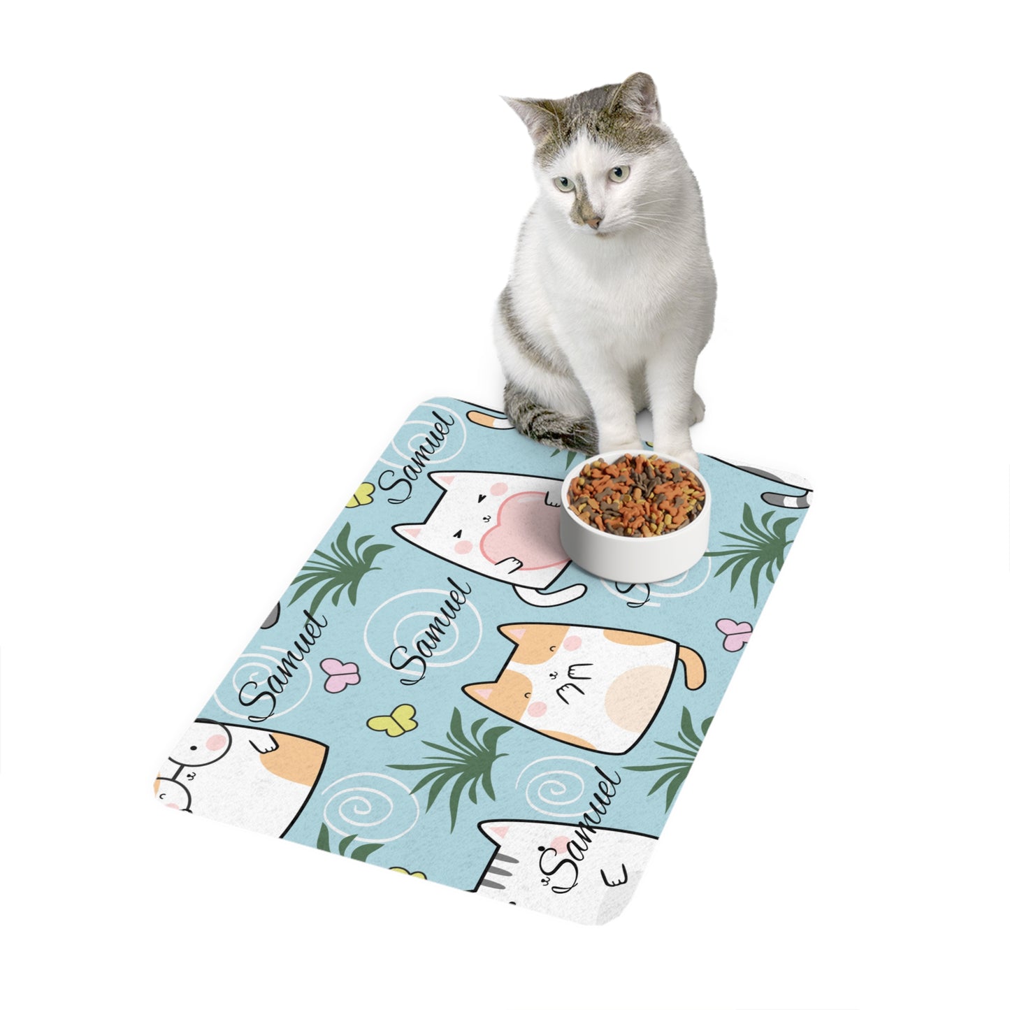 Personalized Cat Pet Food Mat (12x18) — Cute Kawaii Cats with Name