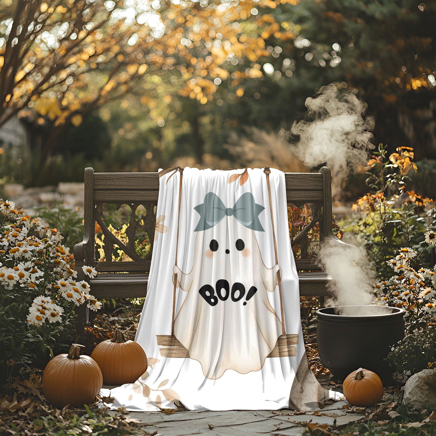 Cozy Halloween Velveteen Plush Blanket, Soft Throw for Fall Decor, Boo Ghost Design, Perfect for Movie Nights & Gifts