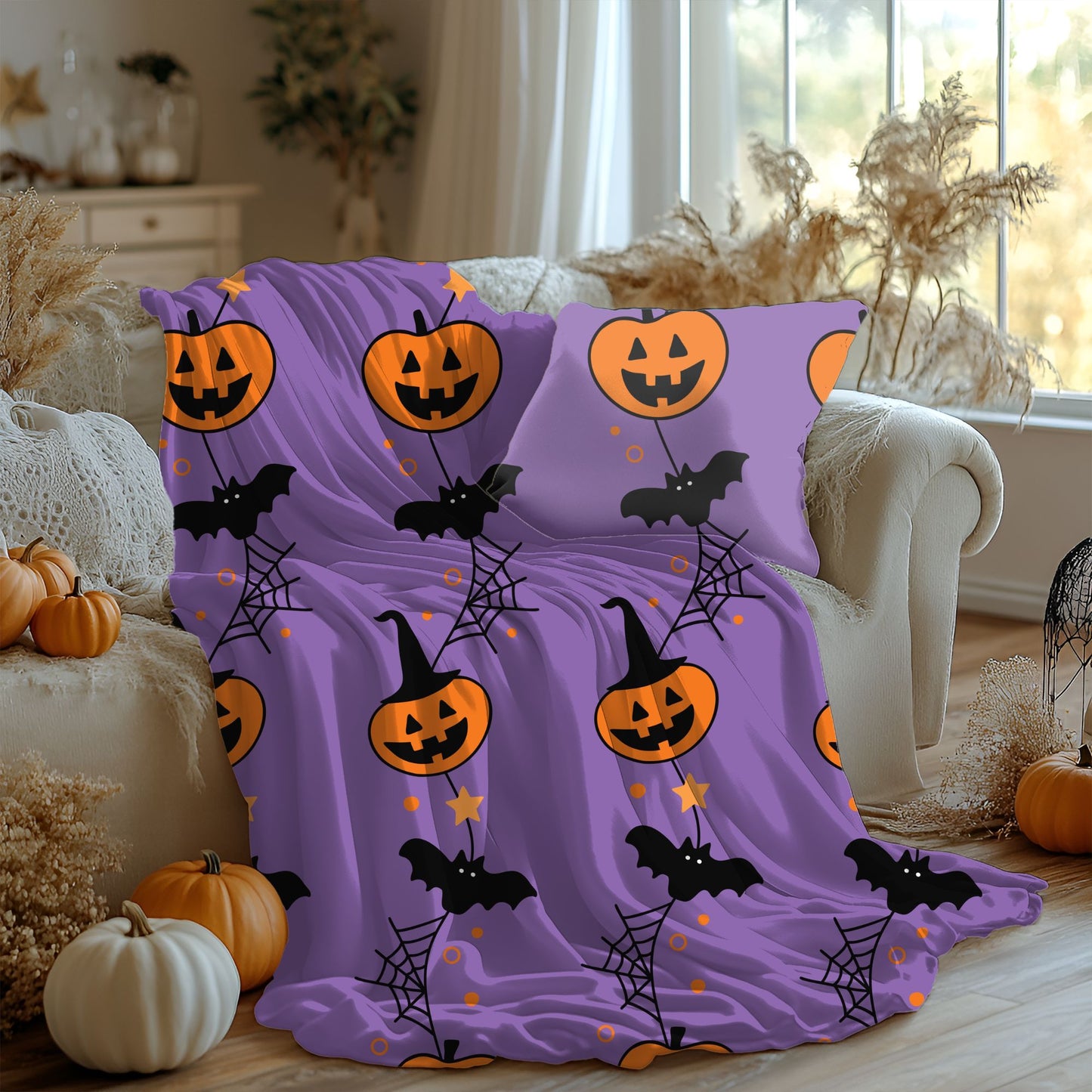 Halloween Velveteen Plush Blanket, Cozy Throw for Fall, Pumpkin and Bat Decor, Perfect for Spooky Season, Couch Blanket