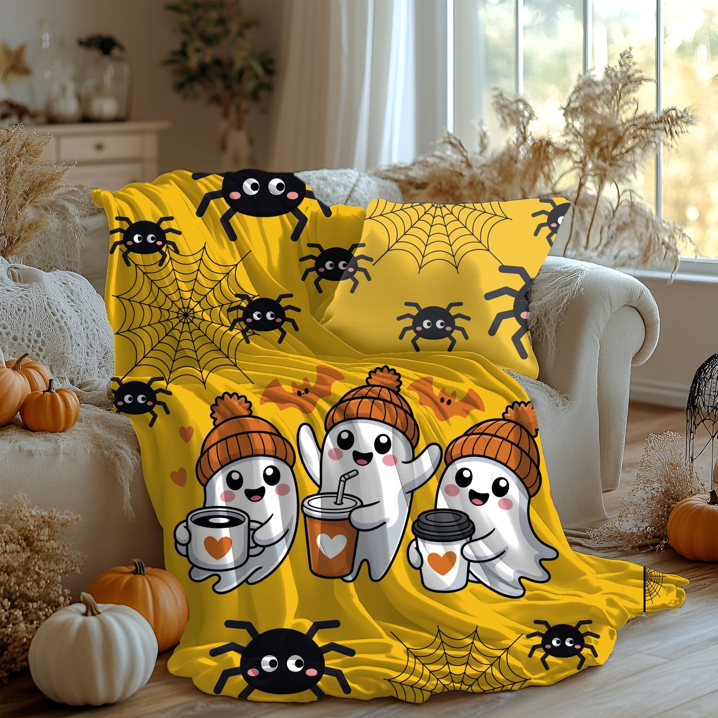 Cozy Halloween Velveteen Plush Blanket for Spooky Nights, Ghosts and Spiders Design, Perfect for Fall Decor, Gift, and Movie Nights