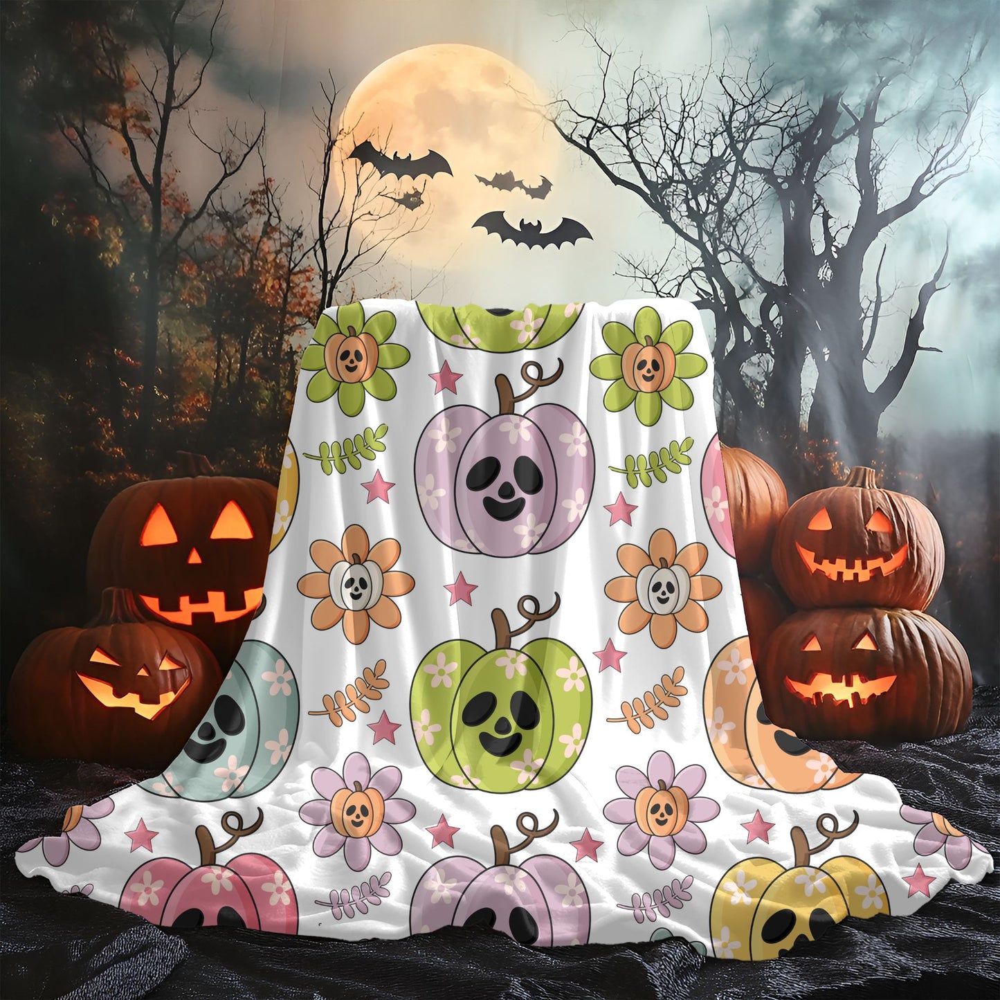 Colorful Pumpkin Plush Blanket, Cozy Fall Blanket, Halloween Decor, Cute Plush Throw, Autumn Gift Idea