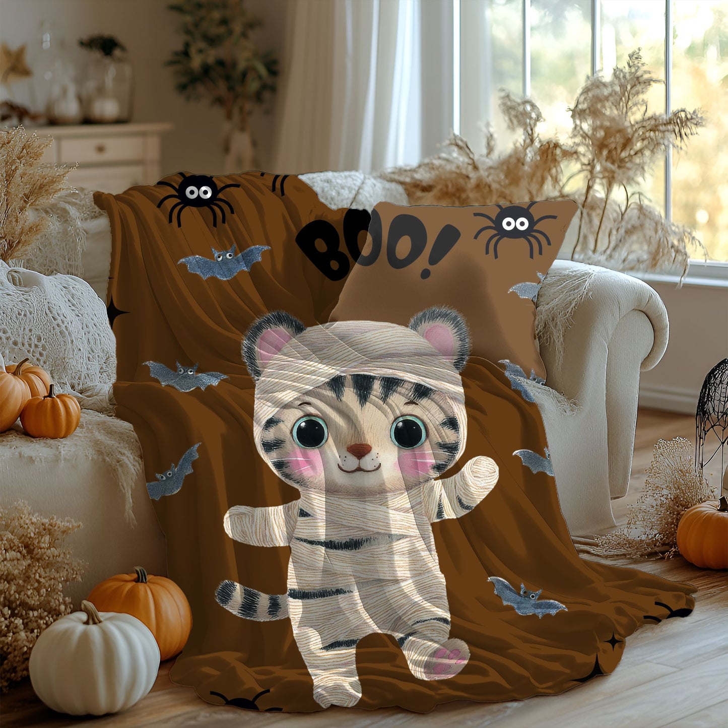 Cute Tiger Halloween Plush Blanket, Cozy Throw for Kids, Soft Fleece Blanket, Halloween Decor, Perfect Gift for Fall Celebrations