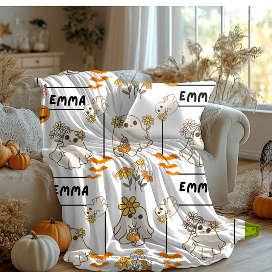 Whimsical Ghosts Velveteen Plush Blanket | Cozy Halloween Decor, Gift for Kids & Teens, Soft Plush Throw, Cute Couch Accessory