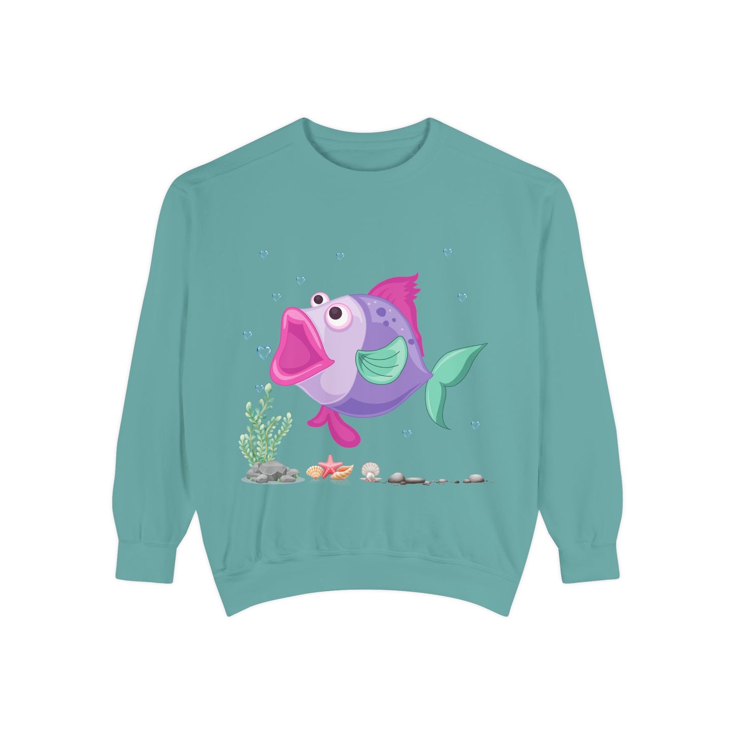 Fish with open mouth bubbles and underwater flora Unisex Garment-Dyed Sweatshirt