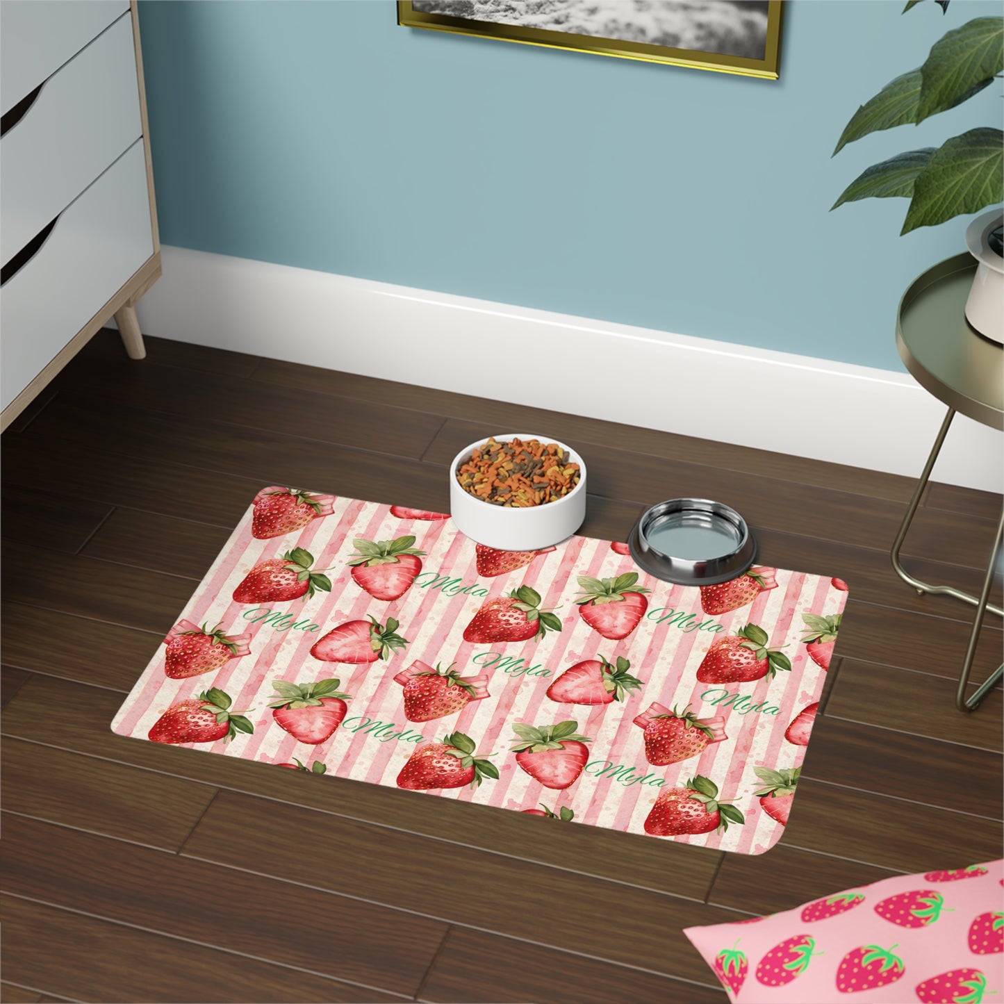Strawberry Watercolor Pet Food Mat (12x18) — Cute Non-Slip Feeding Mat for Dogs & Cats