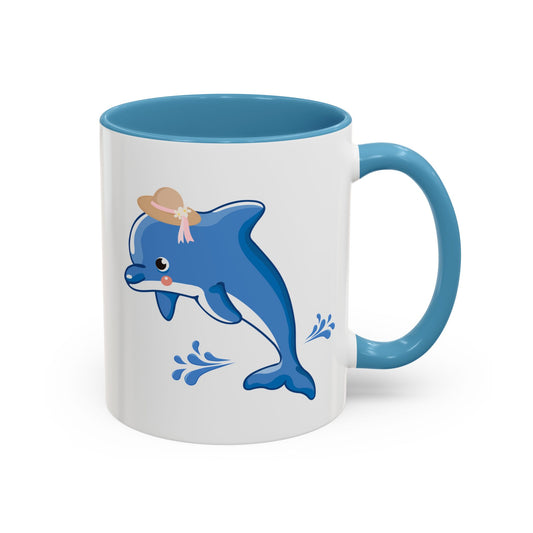 Dolphin wearing a straw hat with stylized water splashes Coffee Mug