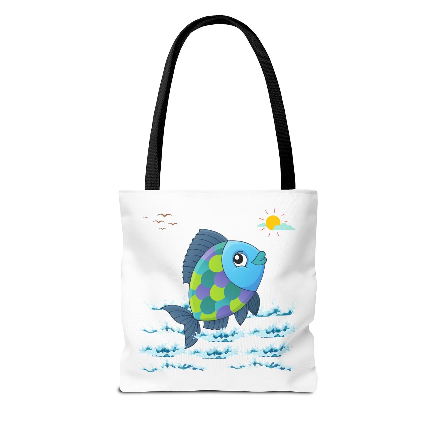 Fish with a sun and birds in the sky above water Tote Bag