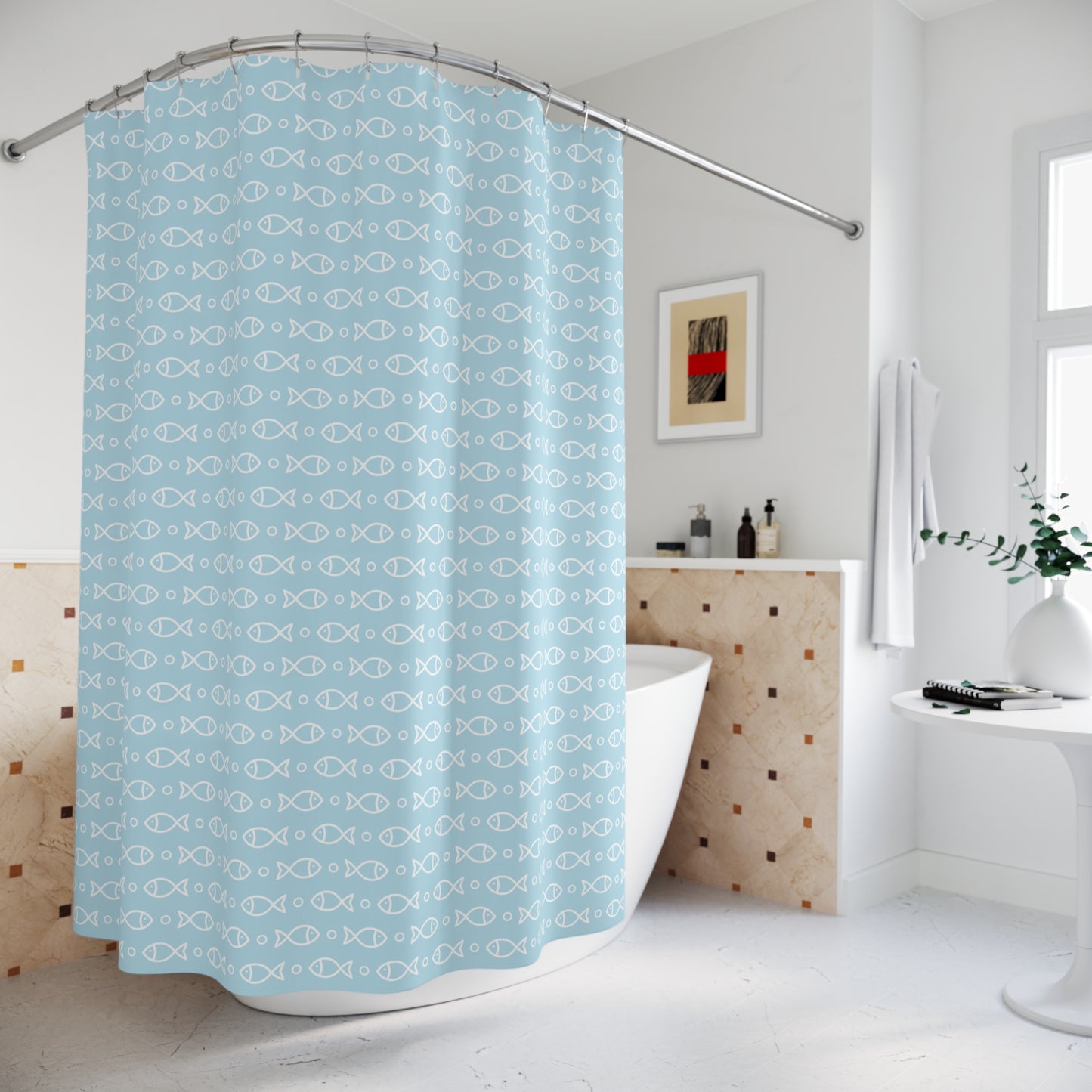 Fish Pattern Shower Curtain — Light Blue Nautical Bathroom Décor