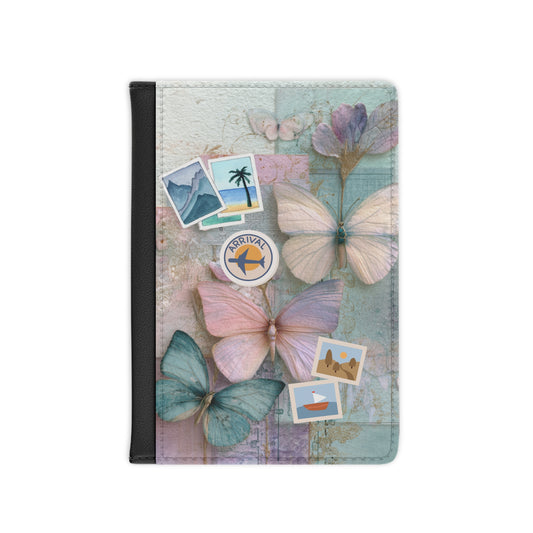 Butterfly Travel Passport Cover — Pastel Vintage Collage with Travel Stickers
