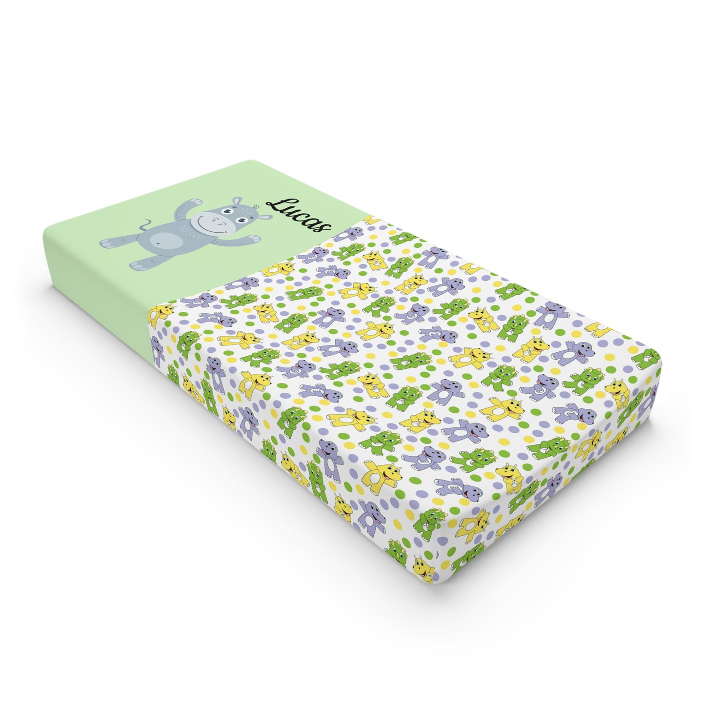Personalized Floral Baby Changing Pad Cover — Green Hippo Design (Custom Name)