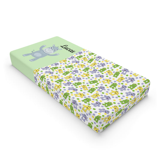 Personalized Floral Baby Changing Pad Cover — Green Hippo Design (Custom Name)