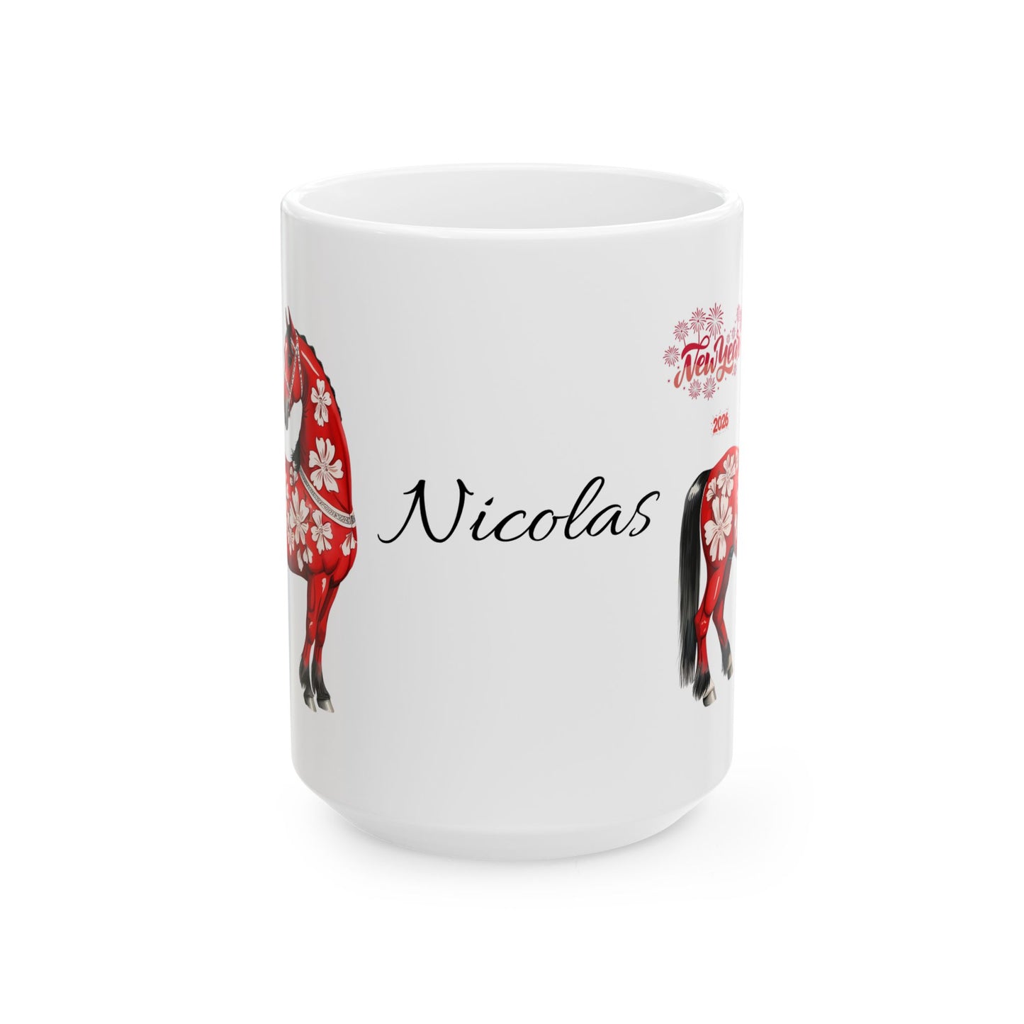 Personalized Red Floral Cow Mug — Custom Name Ceramic Coffee Cup (11oz/15oz)