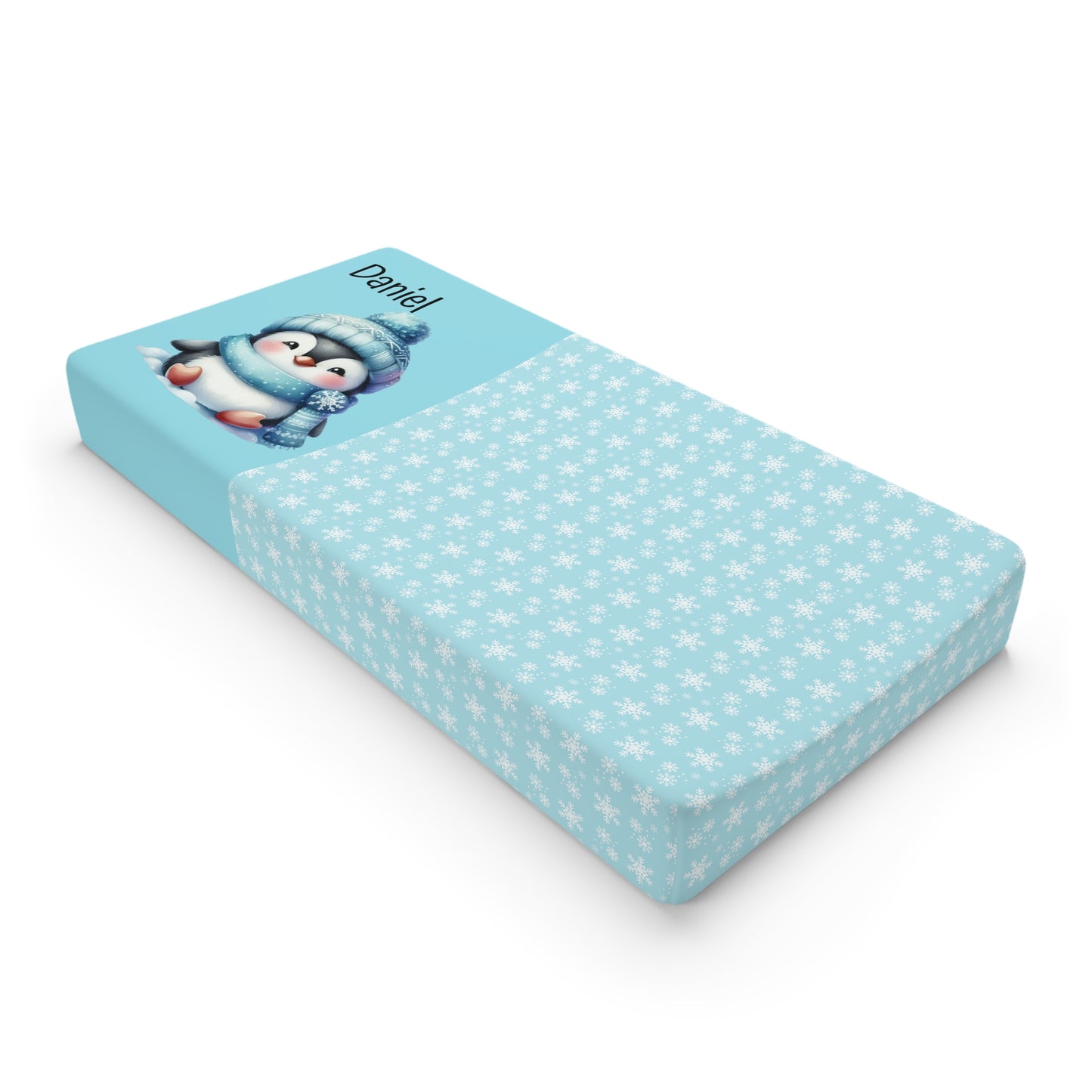 Personalized Blue Penguin Baby Changing Pad Cover — Snowflake Nursery Decor