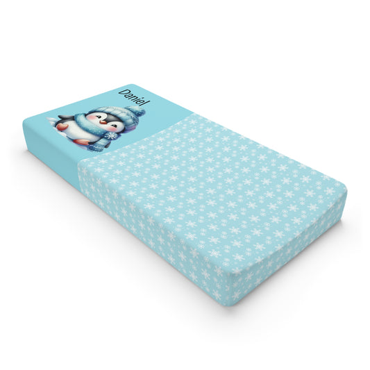 Personalized Blue Penguin Baby Changing Pad Cover — Snowflake Nursery Decor