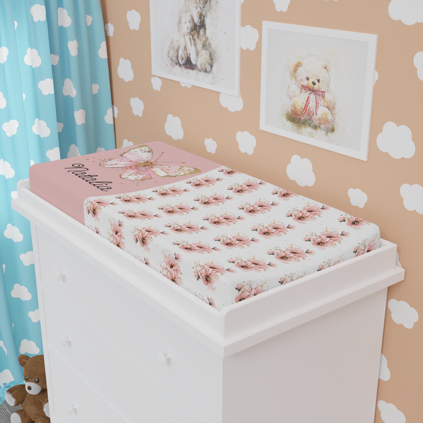 Floral Butterfly Baby Changing Pad Cover — Personalized Pink Nursery Protector