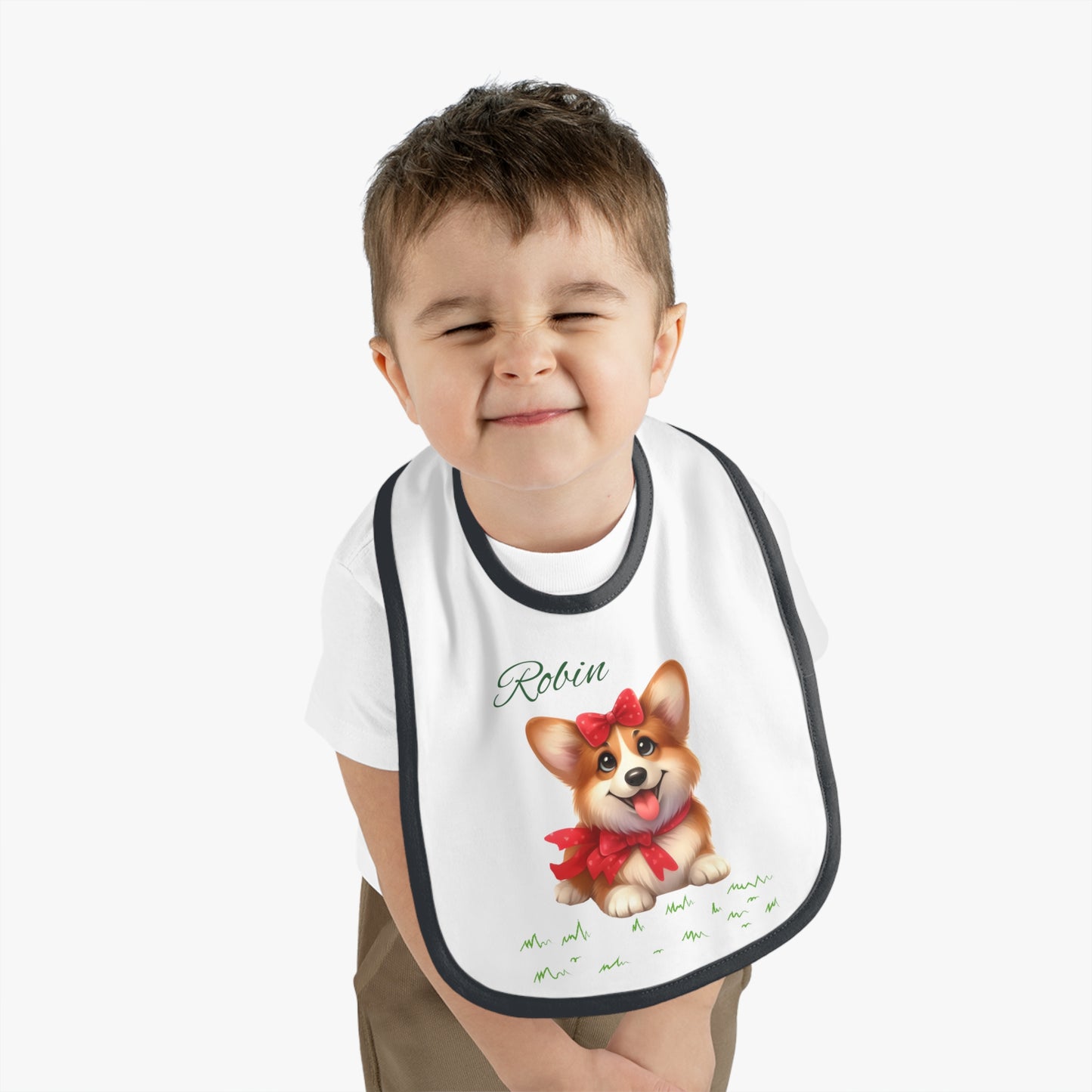 Personalized Corgi Baby Bib — Custom Name Contrast-Trim Jersey Bib