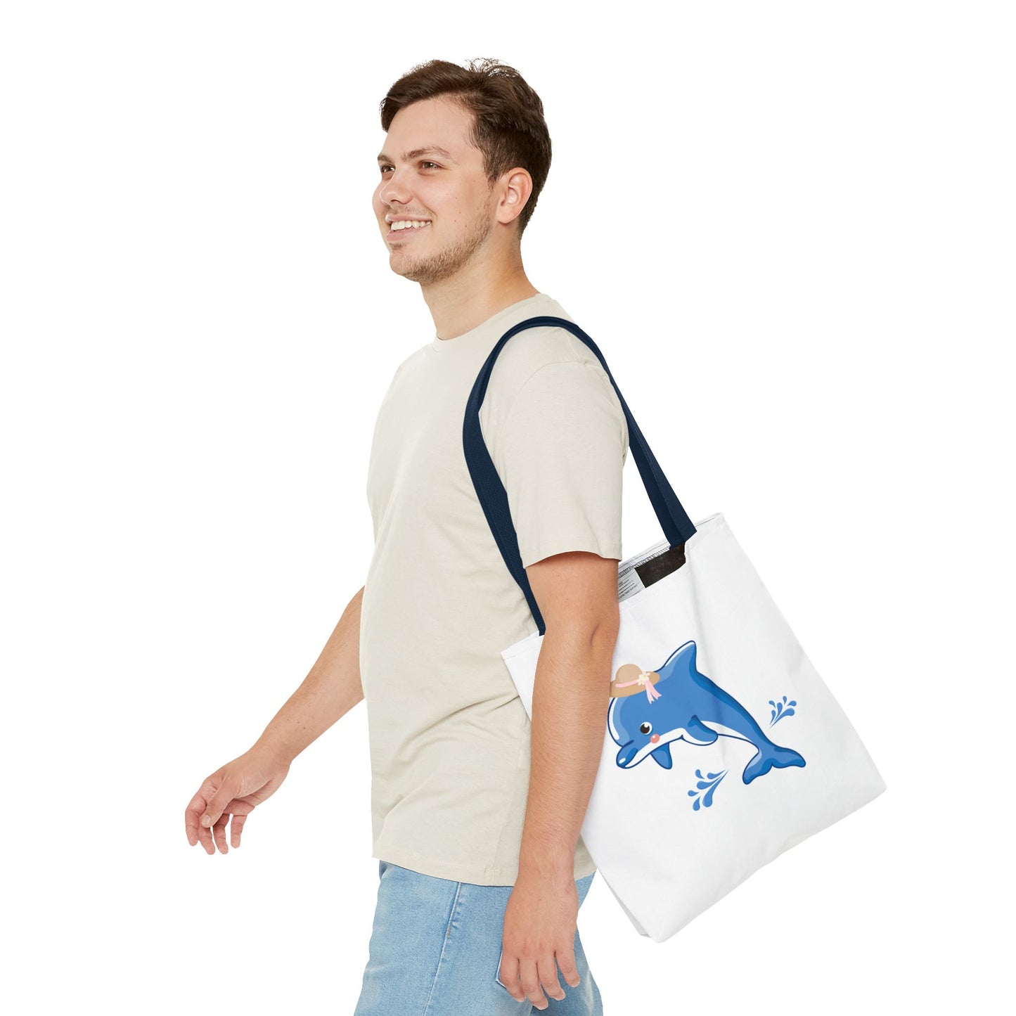 Dolphin wearing a straw hat with stylized water splashes Tote Bag