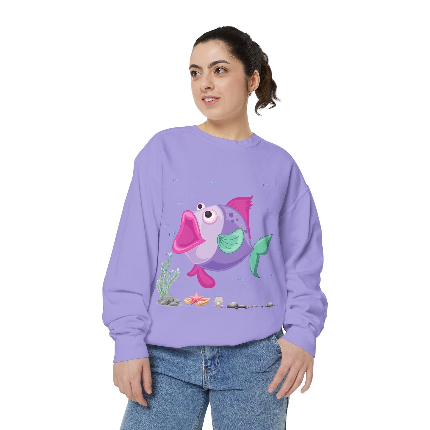 Fish with open mouth bubbles and underwater flora Unisex Garment-Dyed Sweatshirt