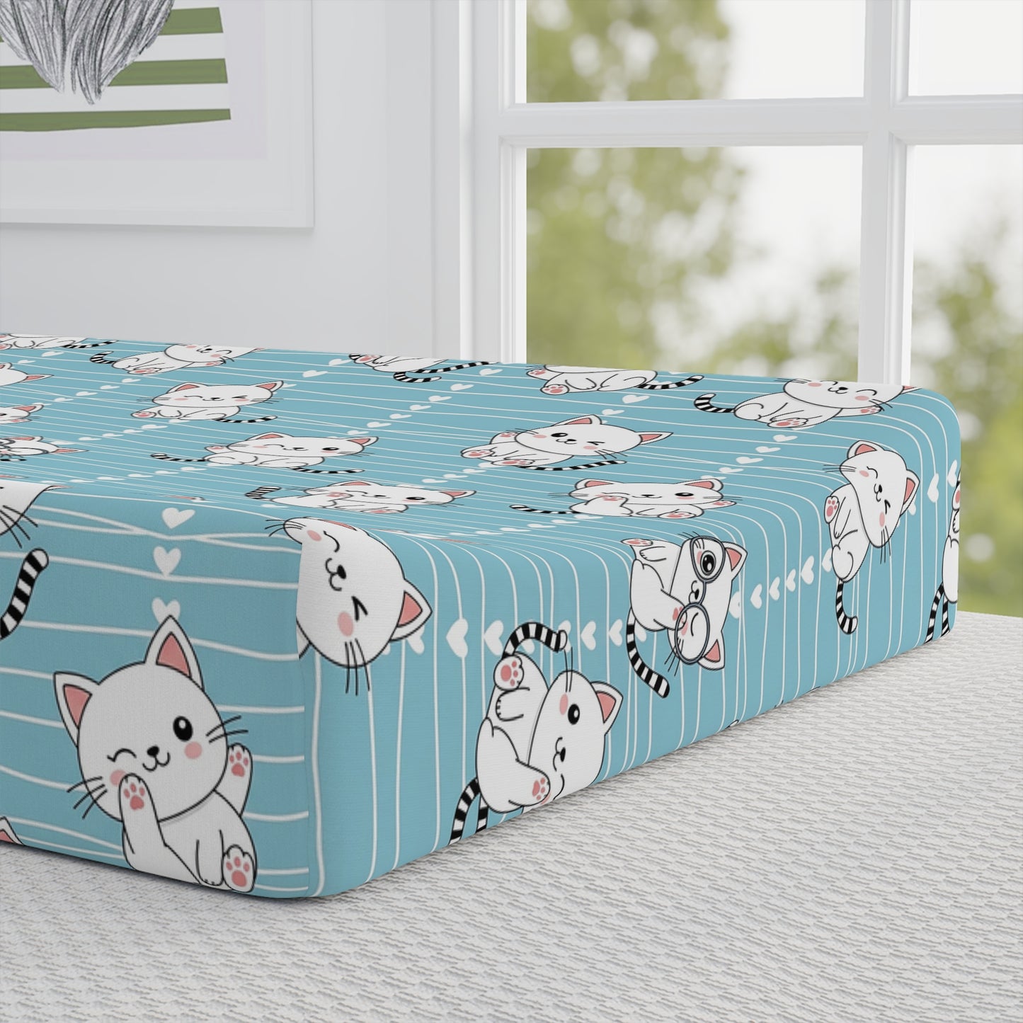 Blue Kitten Baby Changing Pad Cover — Personalized Name Nursery Accessory