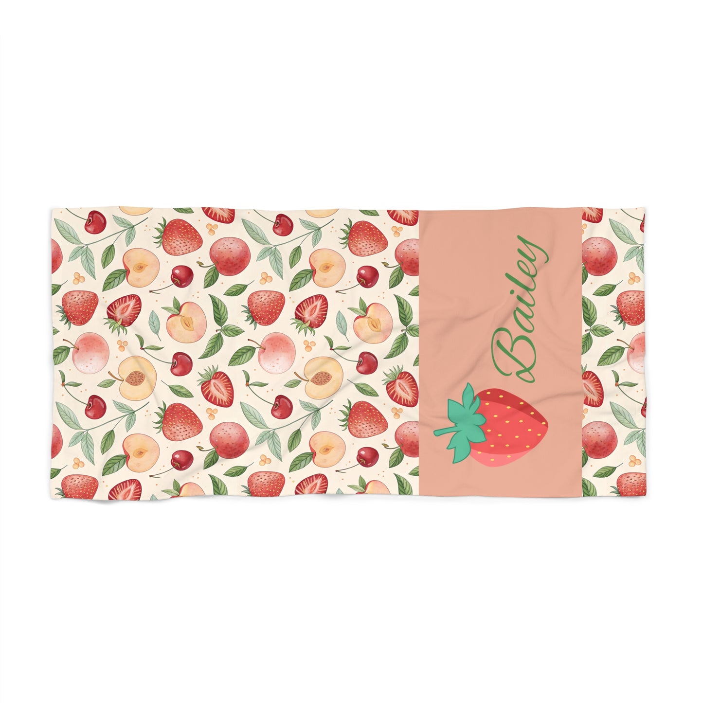 Personalized Strawberry & Peach Beach Towel — Custom Name Tropical Fruit Design