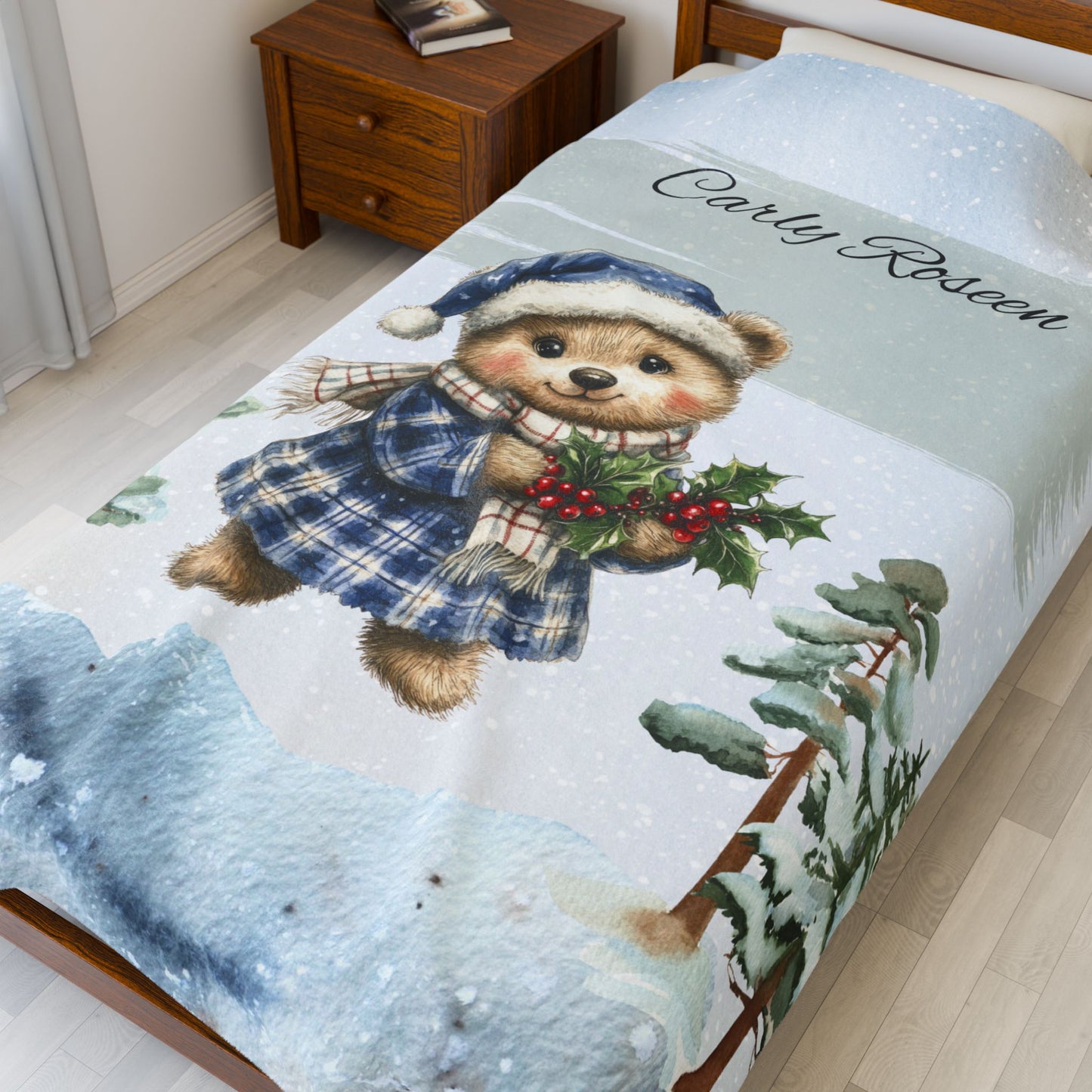 Personalized Velveteen Plush Blanket with Winter Bear Design, Cozy Holiday Gift, Soft Throw for Kids, Christmas Decor, Custom Name Blanket