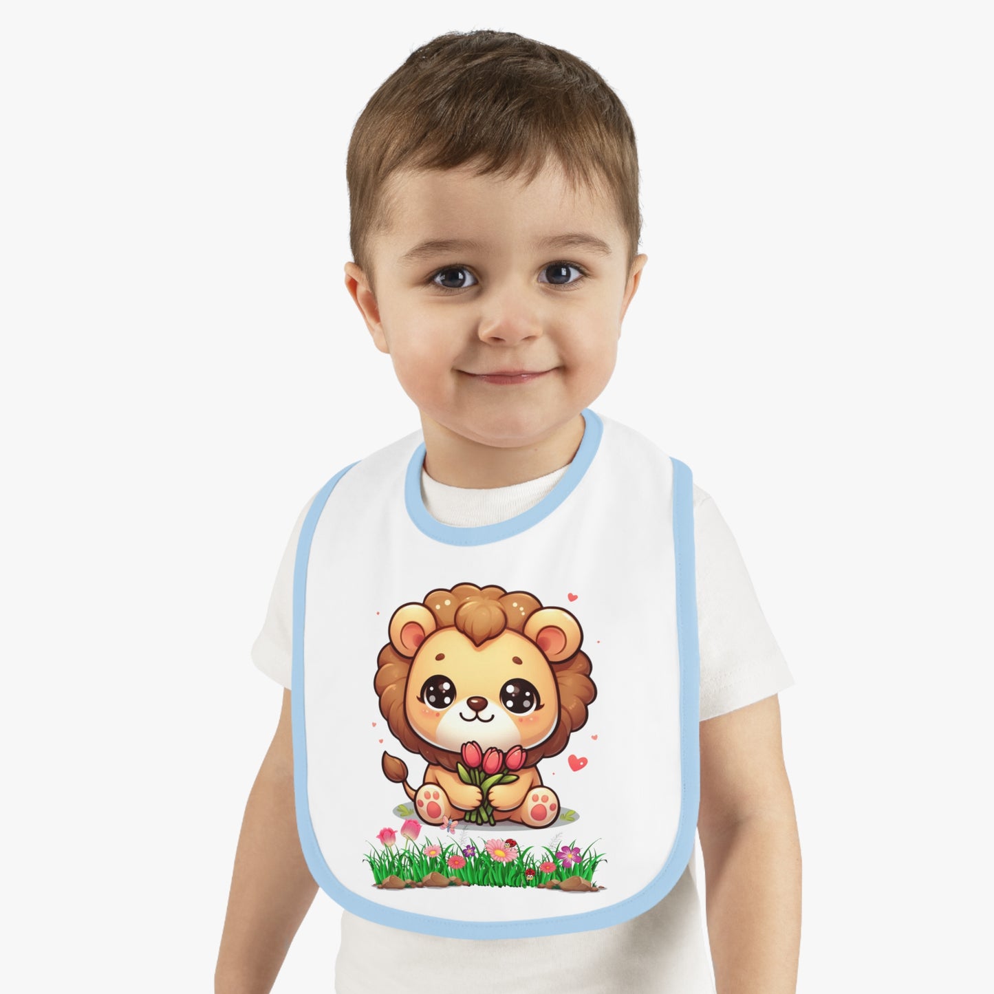 Baby Bib — Cute Lion Holding Flowers, Contrast Trim Infant Feeding Bib