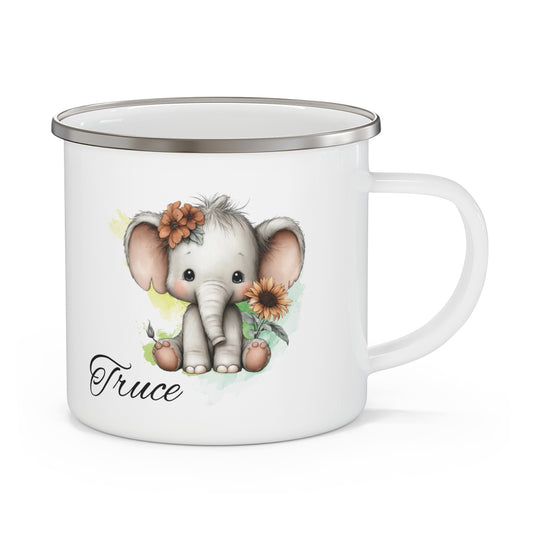Cute Baby Elephant Enamel Camping Mug — Personalized Name 'Truce' Gift for Baby Shower & Outdoor Lovers
