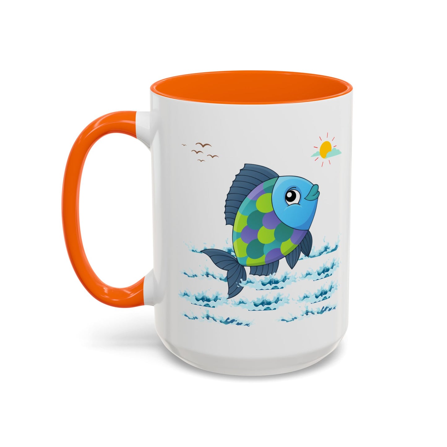Fish with a sun and birds in the sky above water Coffee Mug