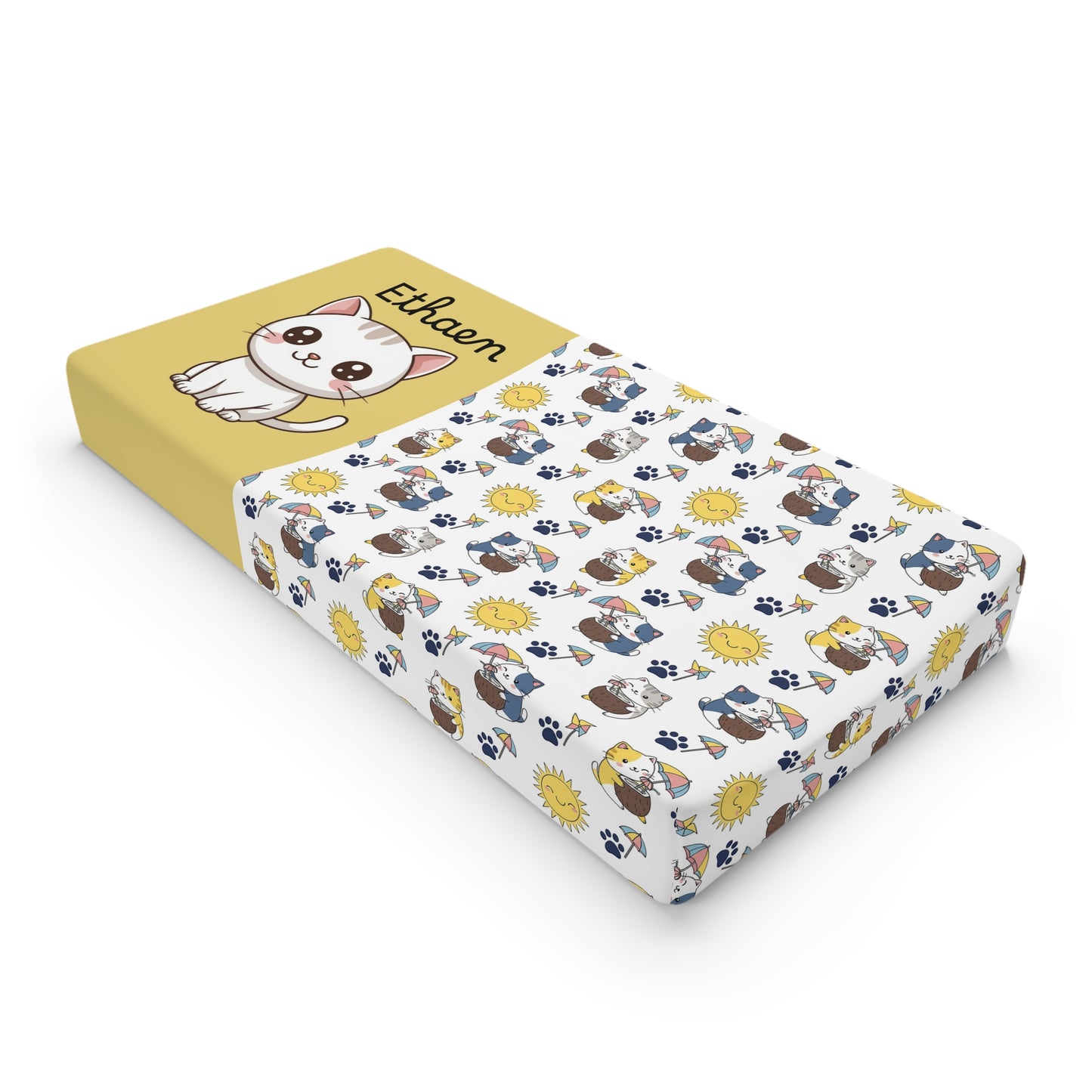 Personalized Cute Kitten Baby Changing Pad Cover — Yellow Sun & Cat Print