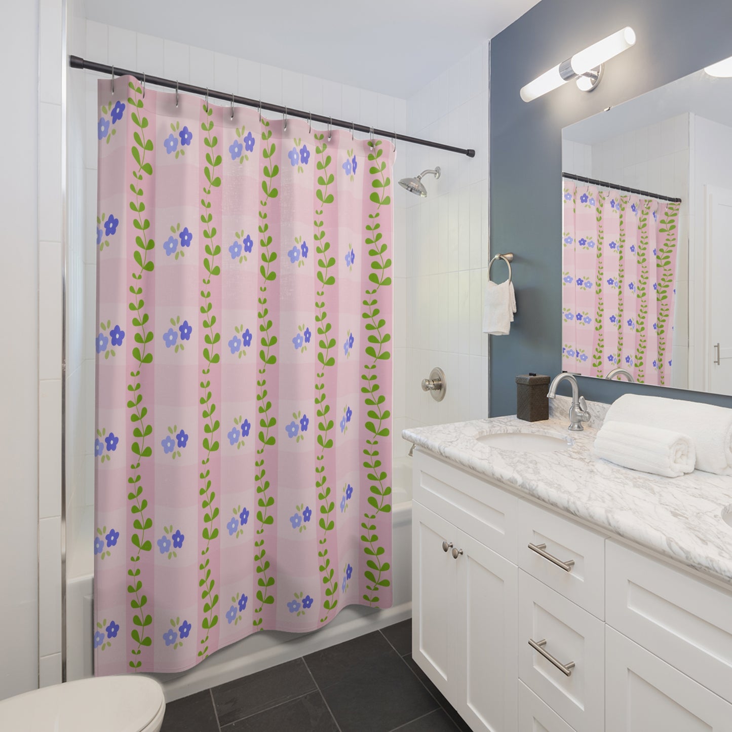 Floral Gingham Shower Curtain – Pink Blue Wildflower Pattern