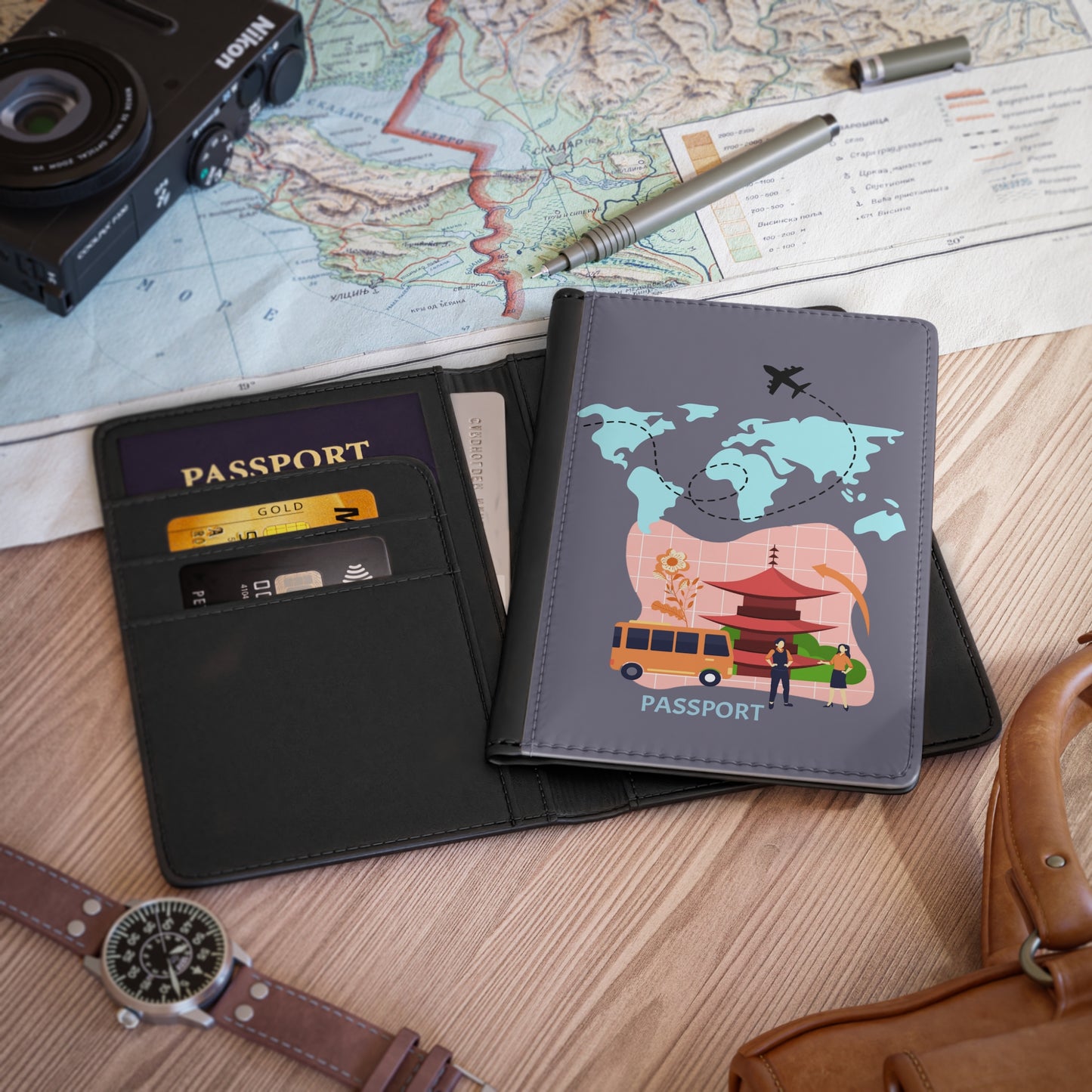Travel Passport Cover — World Map & Japan Travel Illustration