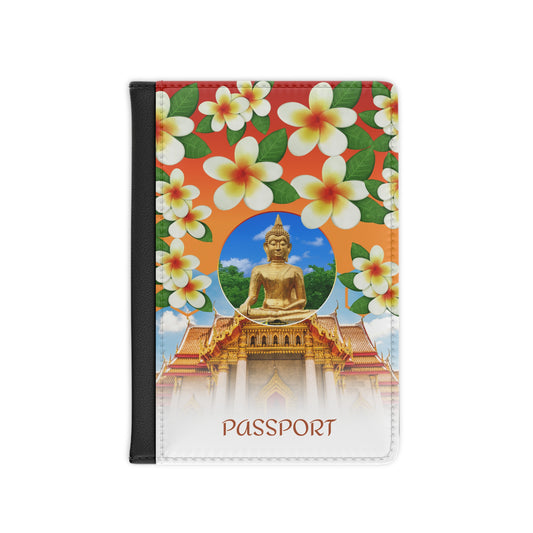 Thai Temple Buddha Passport Cover — Floral Plumeria Travel Passport Holder