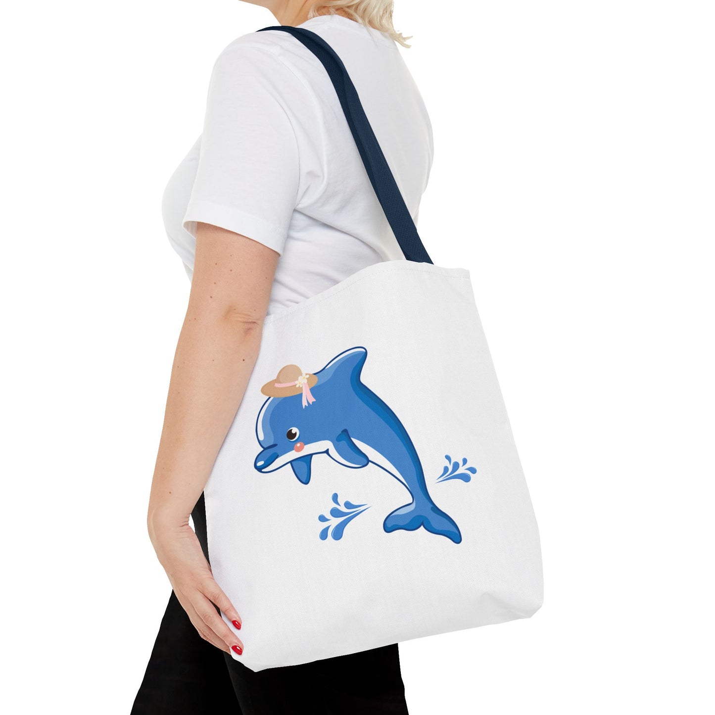 Dolphin wearing a straw hat with stylized water splashes Tote Bag