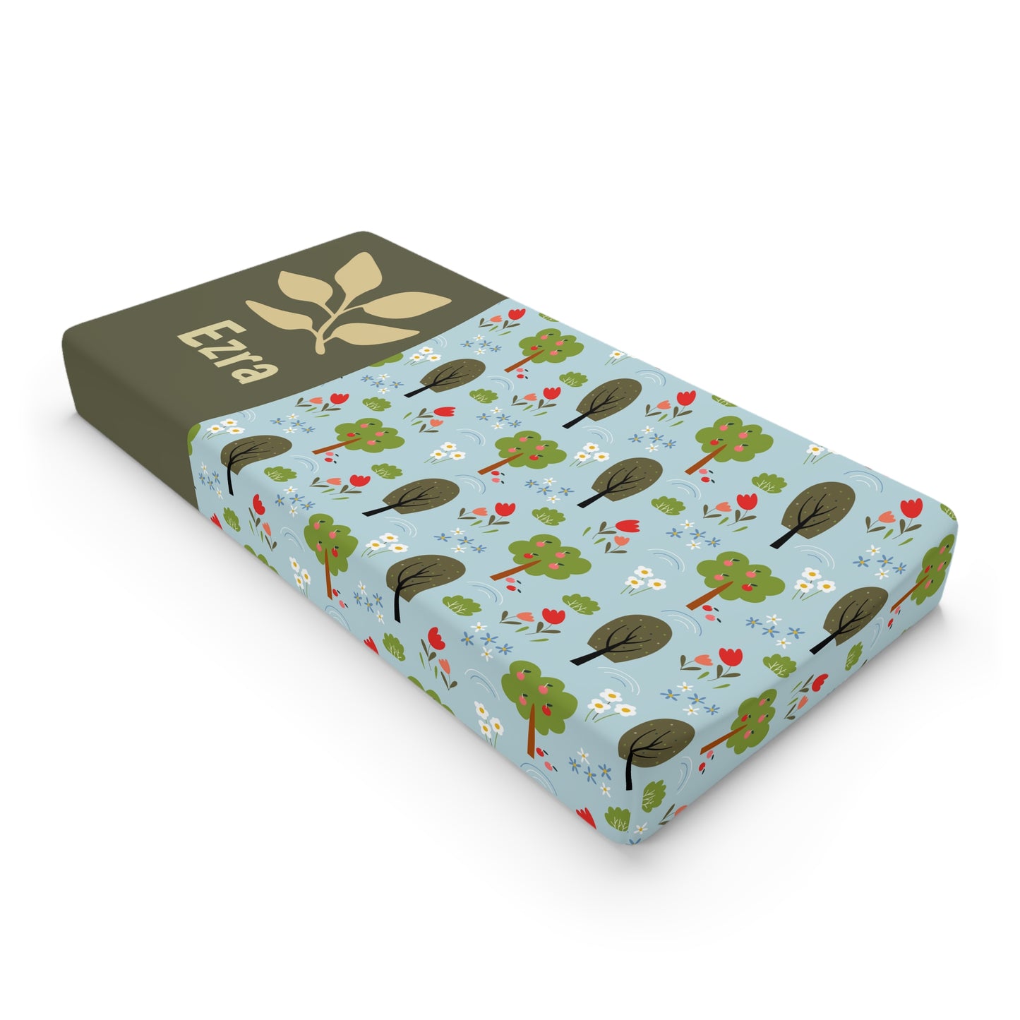 Personalized Woodland Trees Baby Changing Pad Cover – Custom Name, Blue Forest Nursery