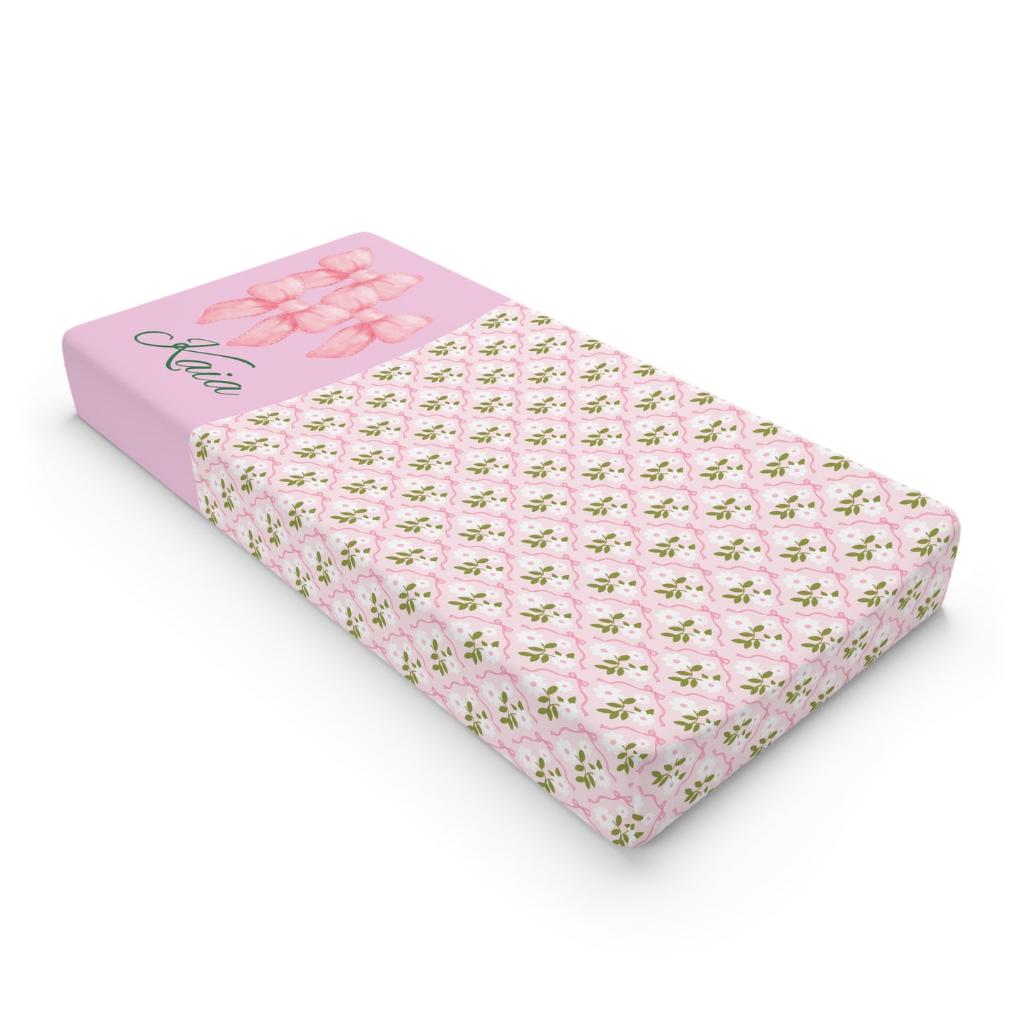 Baby Changing Pad Cover — Pink Floral Bow Pattern, Personalized Name Option