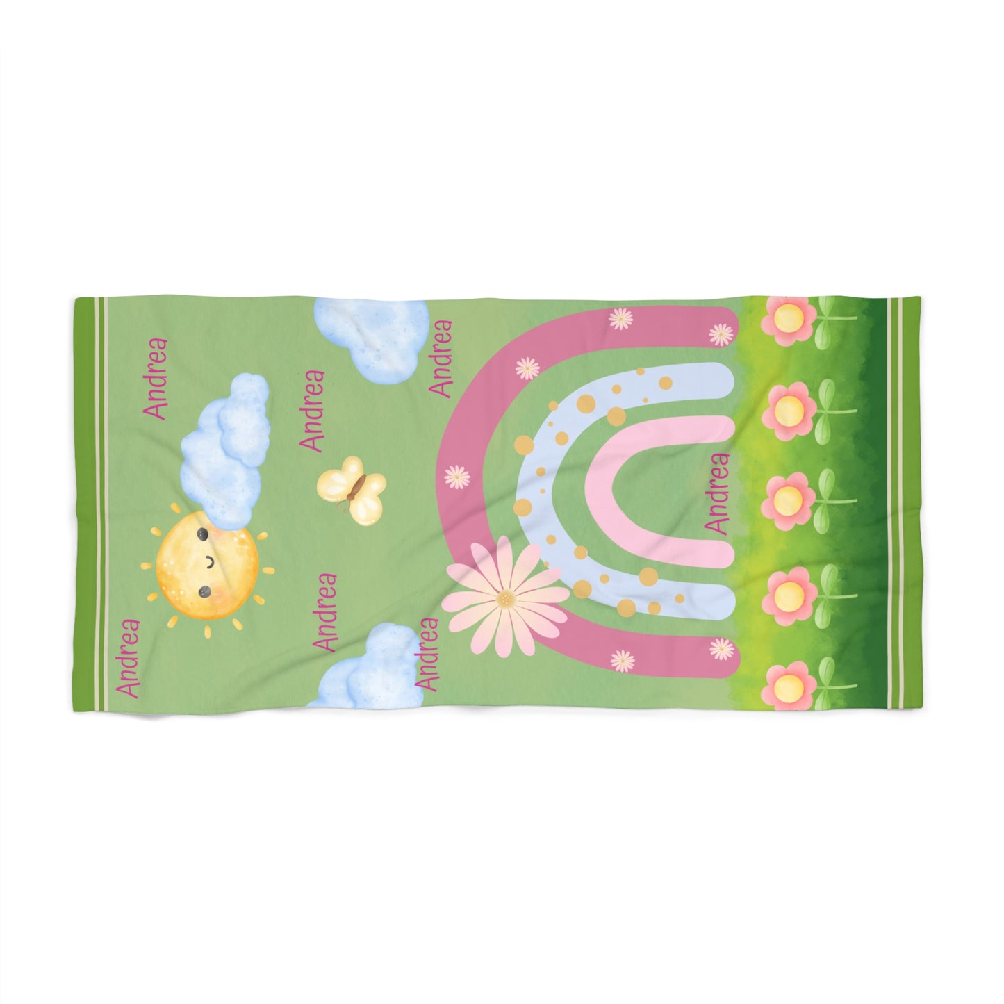 Personalized Kids Rainbow Beach Towel – Cute Sun, Flowers & Name