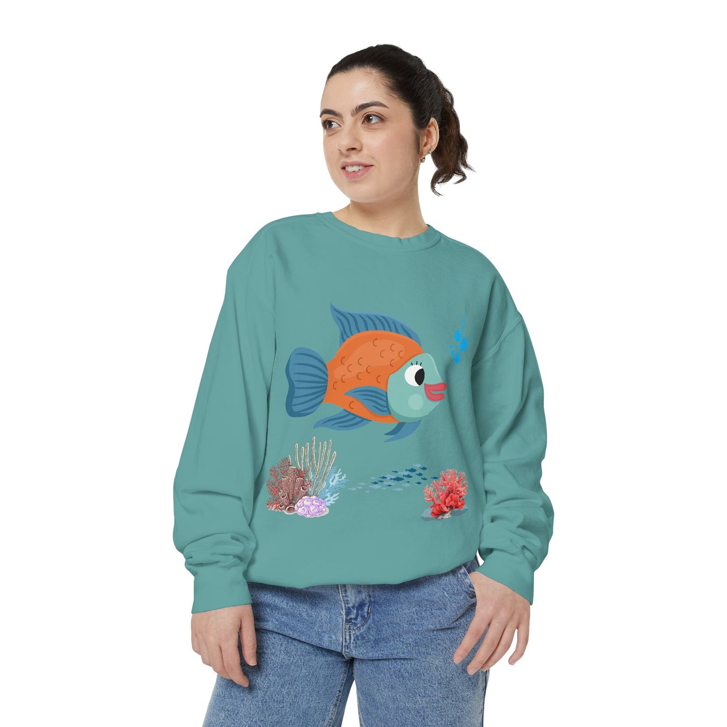 Orange and blue fish with coral and bubble Unisex Garment-Dyed Sweatshirt