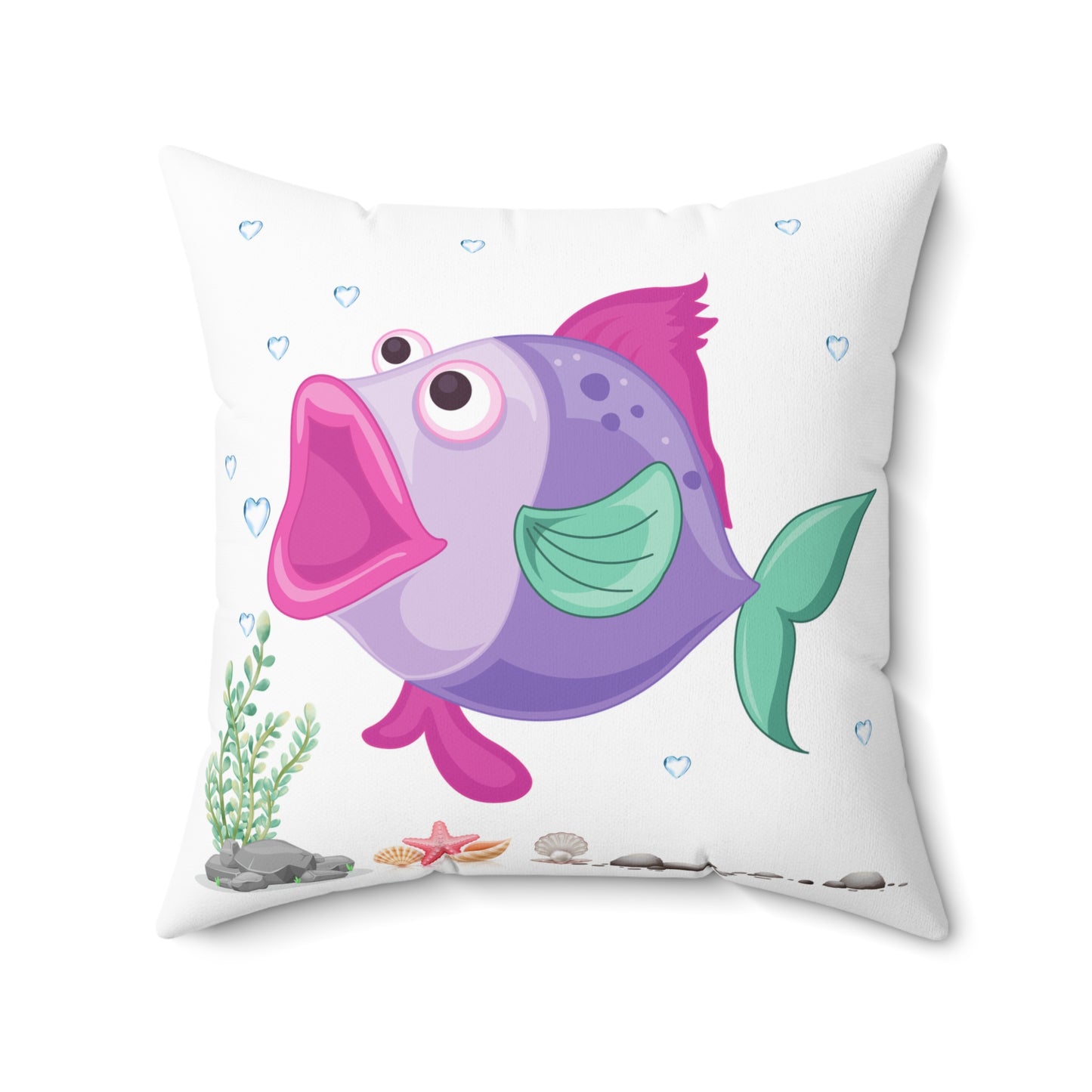 Fish with open mouth bubbles and underwater flora Spun Polyester Square Pillow