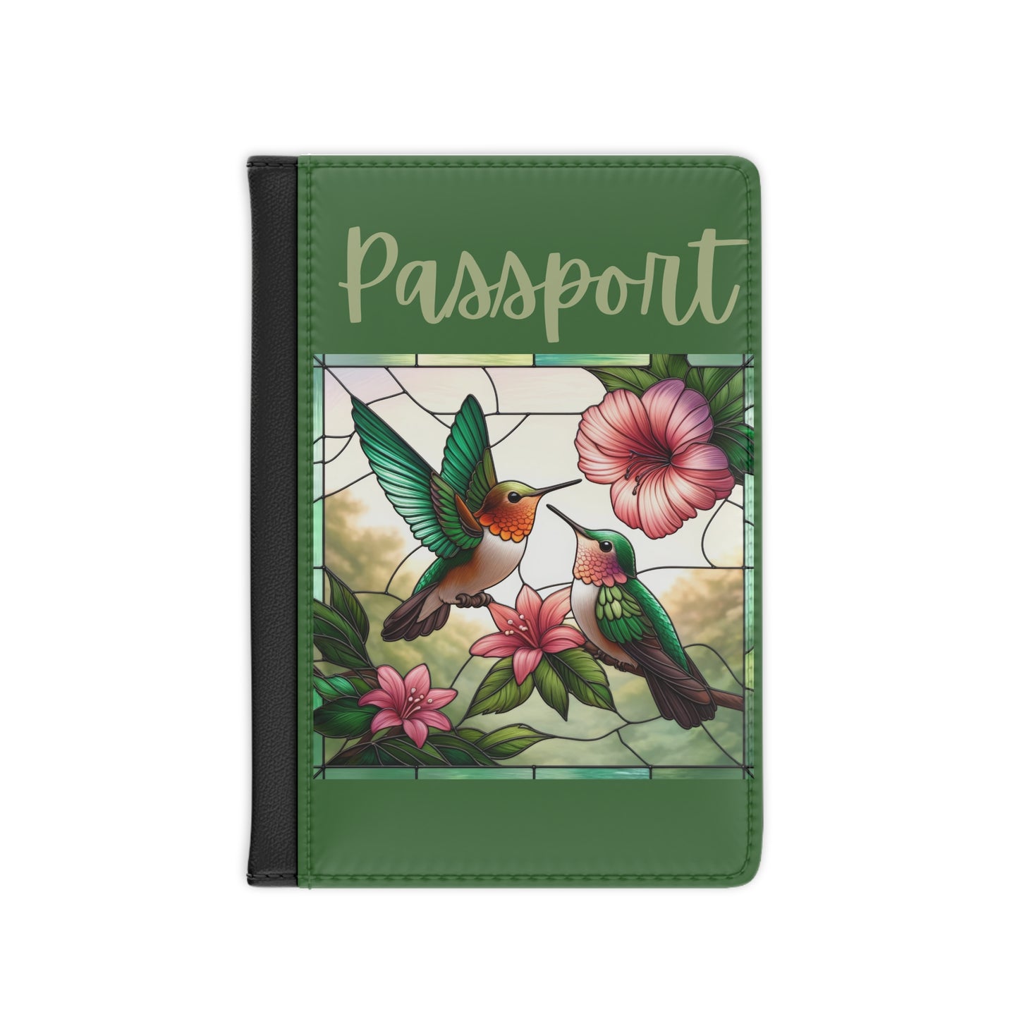 Hummingbird Floral Passport Cover — Green Stained-Glass Travel Passport Holder