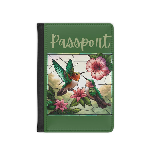 Hummingbird Floral Passport Cover — Green Stained-Glass Travel Passport Holder