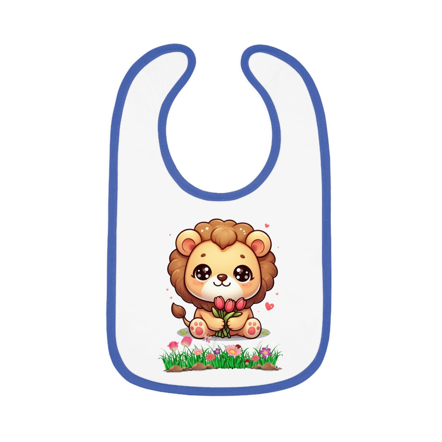Baby Bib — Cute Lion Holding Flowers, Contrast Trim Infant Feeding Bib