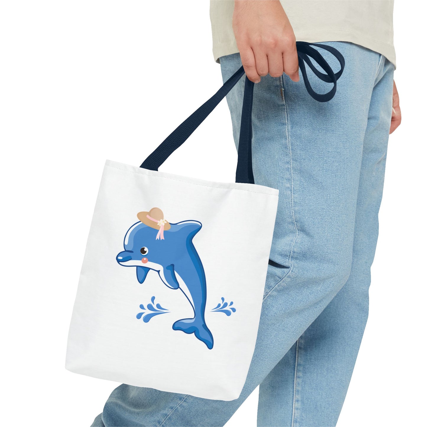 Dolphin wearing a straw hat with stylized water splashes Tote Bag